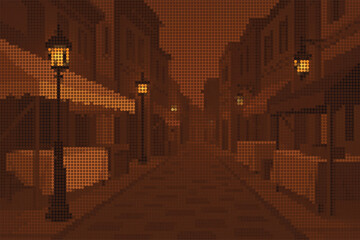 Lantern Lit Streets with Buildings and Market Stalls Halftone Illustration