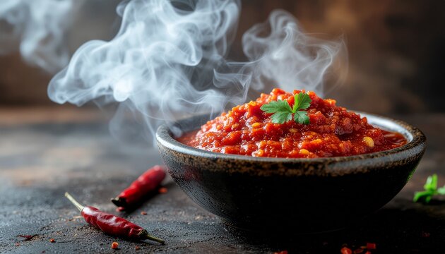Steaming bowl of spicy chili con carne with fresh herbs