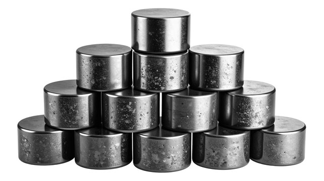 Uranium fuel pellet stack, metallic gray texture, clean white background