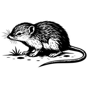 Black and white vintage-style vector illustration of a shrew in side view, with fine engraved fur texture, whiskers and a long tail, isolated on a white background.