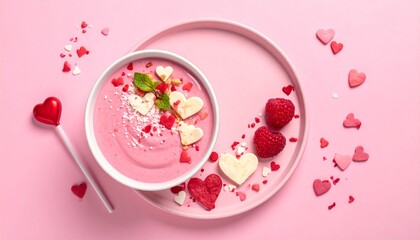 Valentine smoothie bowl, pink tones, heart topping arrangement, overhead view
