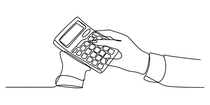 Continuous line drawing of a person's hand using a calculator for financial calculation Vector, illustration