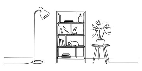 A continuous line art drawing illustrating a cozy living room interior with furniture and decorations Vector, illustration