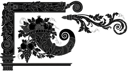 White ornate floral and fruit corner ornament on black background decorative