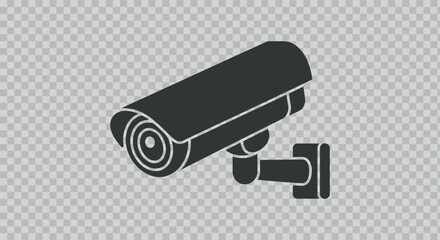 A simple illustration depicts a black security camera on a transparent background representing surveillance and monitoring technology in a modern context