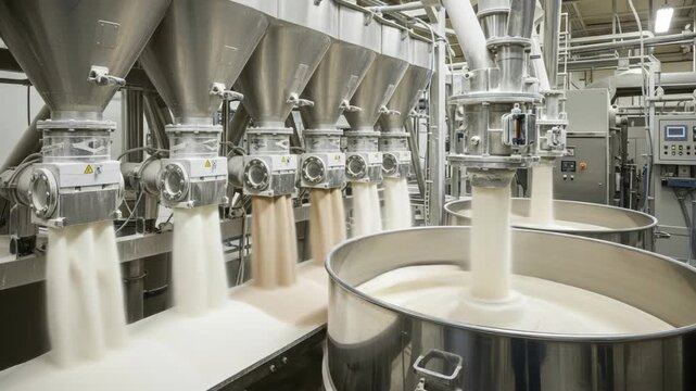 Workers manage machines as liquid moves through pipes and fills large containers in a dairy facility during the day