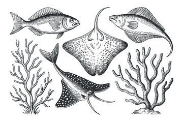 a detailed vintage illustration showcasing various marine life including fish rays and coral creating an underwater scene high quality professional