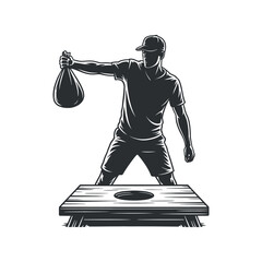 A vintage style illustration depicts a man in casual attire poised to throw a bean bag towards a cornhole board