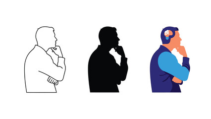 Collection of man in profile thinking poses showing contemplation problem solving and creative idea generation through various illustrative styles