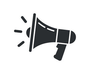 A striking black and white illustration depicts a megaphone symbolizing communication announcements or broadcasting with sound waves emanating from its opening