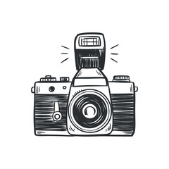 a detailed black and white sketch showcases a vintage single lens reflex camera with a mounted flash unit emphasizing photography s artistry