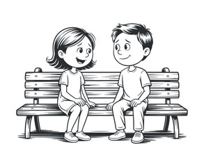a black and white illustration depicts a young boy and girl seated closely on a wooden park bench seemingly engaged in conversation