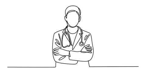 A single line drawing of a doctor with their arms crossed Vector, illustration