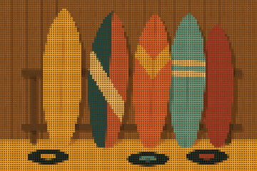 Colorful Surfboards Leaning on a Wooden Wall Halftone Illustration Decor