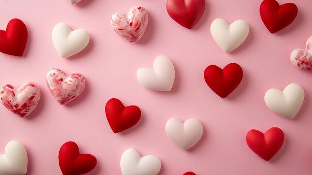 A collection of red and white heart-shaped candies on a pink background for Valentine's Day