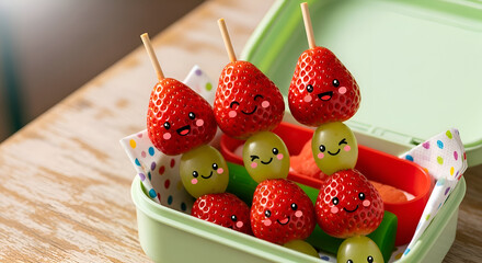 Adorable fruit kebabs with kawaii faces in a lunchbox a healthy snack for kids