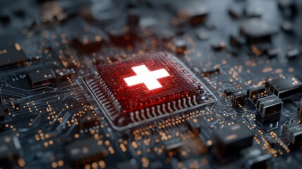 Glowing red medical cross embedded in a computer circuit board, close-up with soft focus
