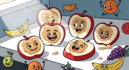 Fototapeta premium Animated Fruit Characters Playfully Interacting, Celebrating Delicious and Healthy Eating