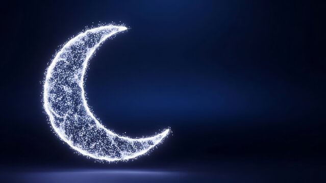 Glowing crescent moon shape made of small white particles on dark blue background