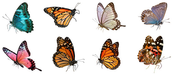 Colorful butterfly collection flying, transparent background  
