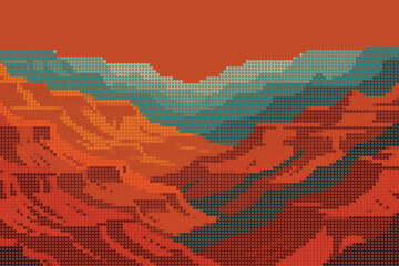 Retro Panoramic Canyon Illustration with Layered Mountain Ridges and Color Blocks