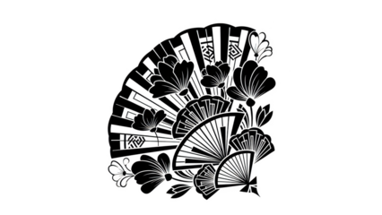 White outline of art deco fans and flowers on black background image
