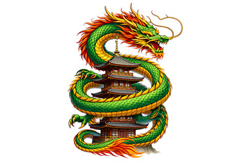 Vibrant green dragon wrapping around traditional pagoda in fiery motion