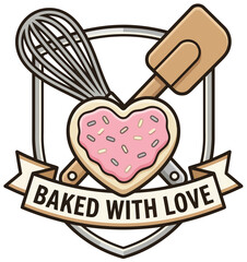 Baked With Love coat of arms with whisk spatula and cookie.