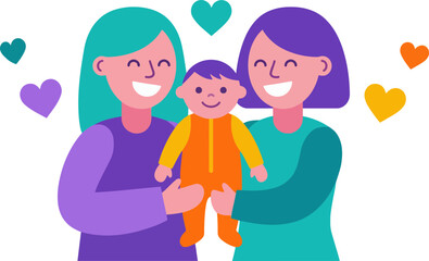 Inclusive LGBTQ family with two mothers holding toddler.
