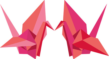 Two geometric pink origami cranes touching beaks.