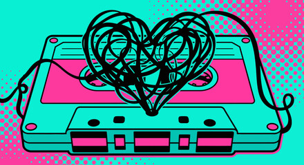 Retro cassette tape with hear shape unspooled magnetic tape.