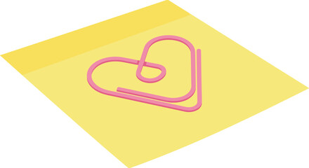 Pink heart shaped paperclip on yellow sticky note.