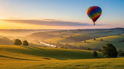Colorful Hot Air Balloon Flying Over Green Countryside