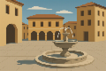 Traditional Stone Fountain in a Paved Town Square Scene Halftone Illustration