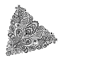 White paisley floral ornament on black background corner detail decorative