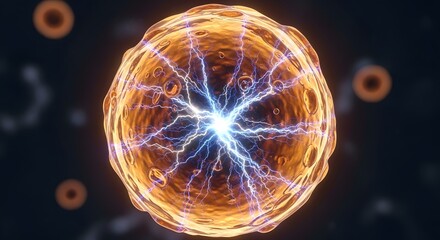 3D illustration of a microscopic human cell nucleus glowing with blue electric energy sparks representing biological evolution genetic engineering scientific research and medical breakthroughs