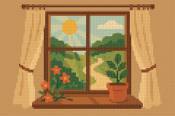 Sunlight Through a Window with Garden View Halftone Interior Illustration