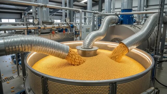 Machines pour corn into a large container where it flows and is sorted for processing in a factory setting