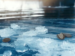 Natural ice forms scattered across the surface of a frozen lake reflecting sunlight on a clear winter day