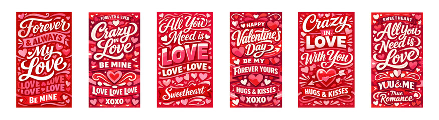 Fototapeta premium Valentines day love quote banner collection. Valentine Day romantic lettering posters with hearts and kisses