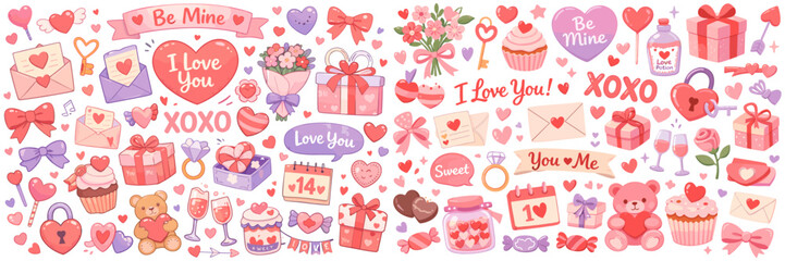 Valentines day pastel elements pattern illustration. Valentine Day love icons with hearts gifts cupcakes and messages