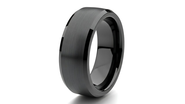 Modern Matte Black Brushed Tungsten Carbide Wedding Band for Men. Minimalist Durable Scratch Resistant Jewelry Fashion Ring. Sleek Contemporary Black Ring Isolated on White Background