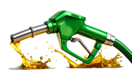 Green fuel nozzle pouring liquid into yellow liquid creating bubbles and splashes isolate gasoline energy gas transport vehicle car automobile station