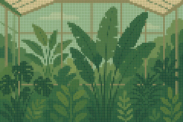 Halftone Artistic Render of Tropical Plants Layered Behind Translucent Glass Panels