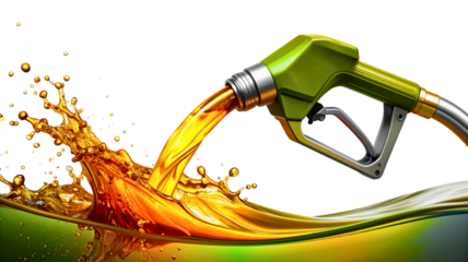 Green fuel nozzle pouring liquid into yellow liquid creating bubbles and splashes isolate gasoline energy gas transport vehicle car automobile station