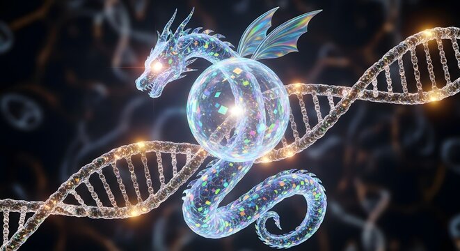 3D illustration of a mystical iridescent glass dragon intertwined with a glowing DNA double helix representing genetic engineering mythical evolution and futuristic biological research - Powered by Adobe