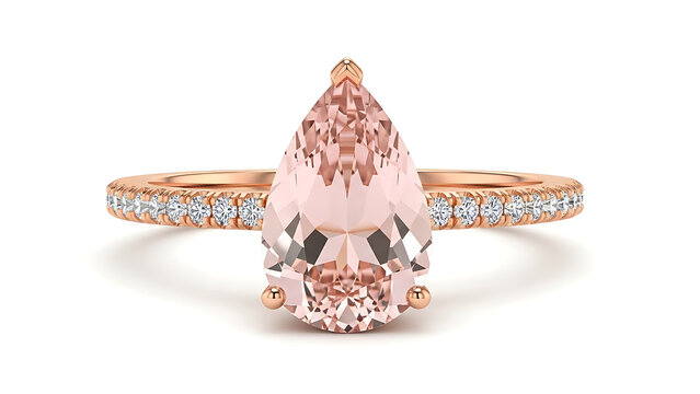 Pear Cut Morganite Engagement Ring with Diamond Halo in 14k Rose Gold. Elegant Peach Gemstone Ring for Wedding and Bridal Jewelry. Feminine Pink Stone Ring Isolated on White