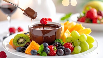 Fruit chocolate fondue setup, no hands, elegant romantic mood, soft lighting