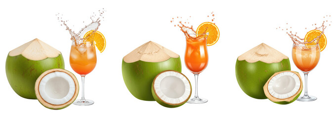 Coconut and orange juice splash, transparent background  
