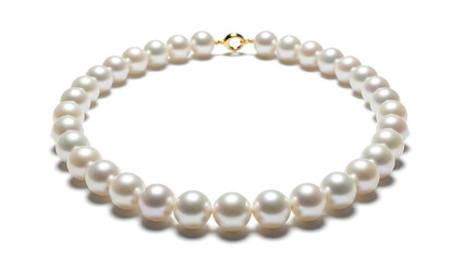 Fototapeta premium Classic Round White Pearl Necklace with Yellow Gold Clasp. Elegant String of High Luster Cultured Pearls for Bridal and Wedding Jewelry. Timeless Pearl Jewelry for Women Accessories.